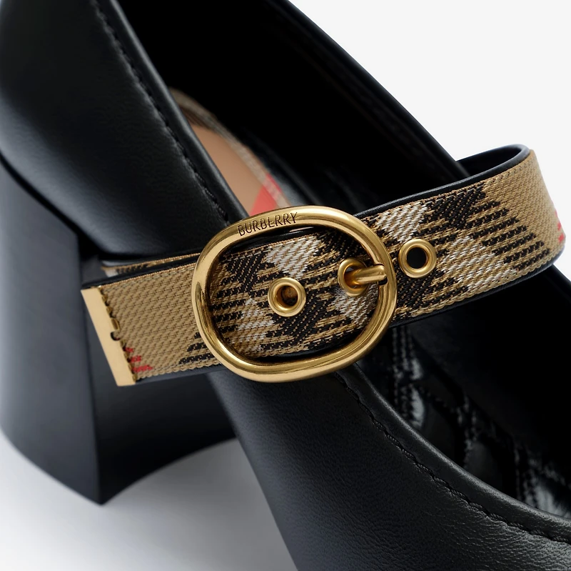 Check Strap Leather Robin Shoes in Black - Women | Burberry® Official