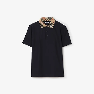 Check Collar Cotton Polo Shirt in Navy - Men | Burberry® Official