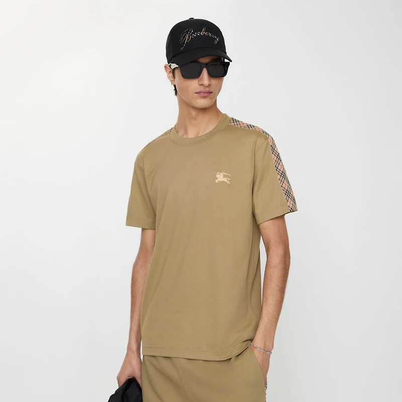 Check Trim Cotton T-shirt in Sparrow beige - Men | Burberry® Official