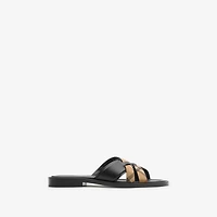 Check and Leather Drift Sandals​ in Black/sand beige - Men | Burberry® Official
