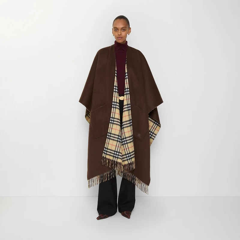 Reversible Check Wool Cashmere Cape in Treacle brown | Burberry® Official