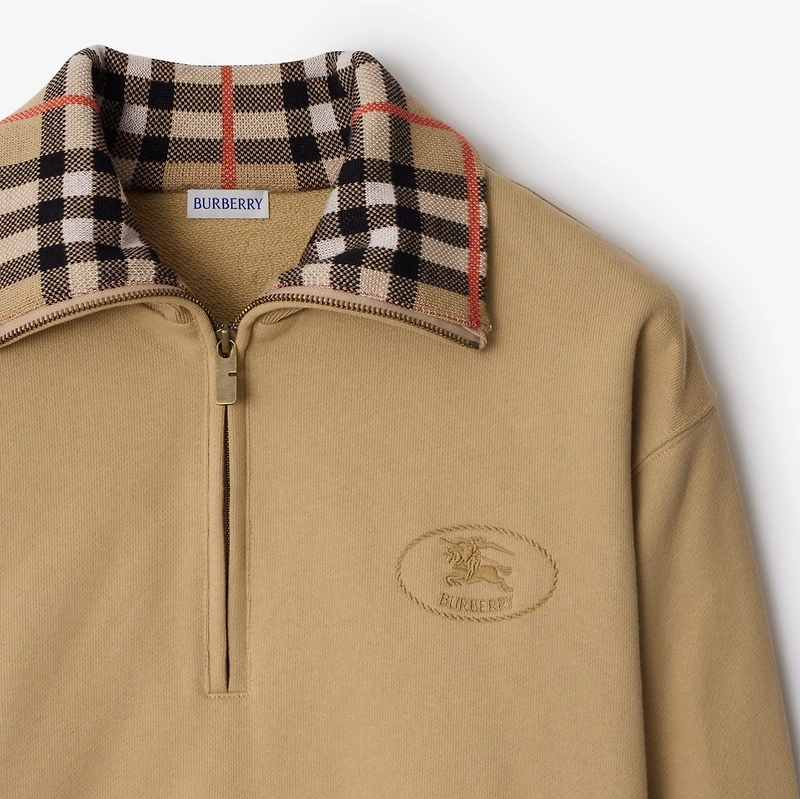 Check Collar Cotton Half-zip Sweatshirt in Flax beige - Men | Burberry® Official