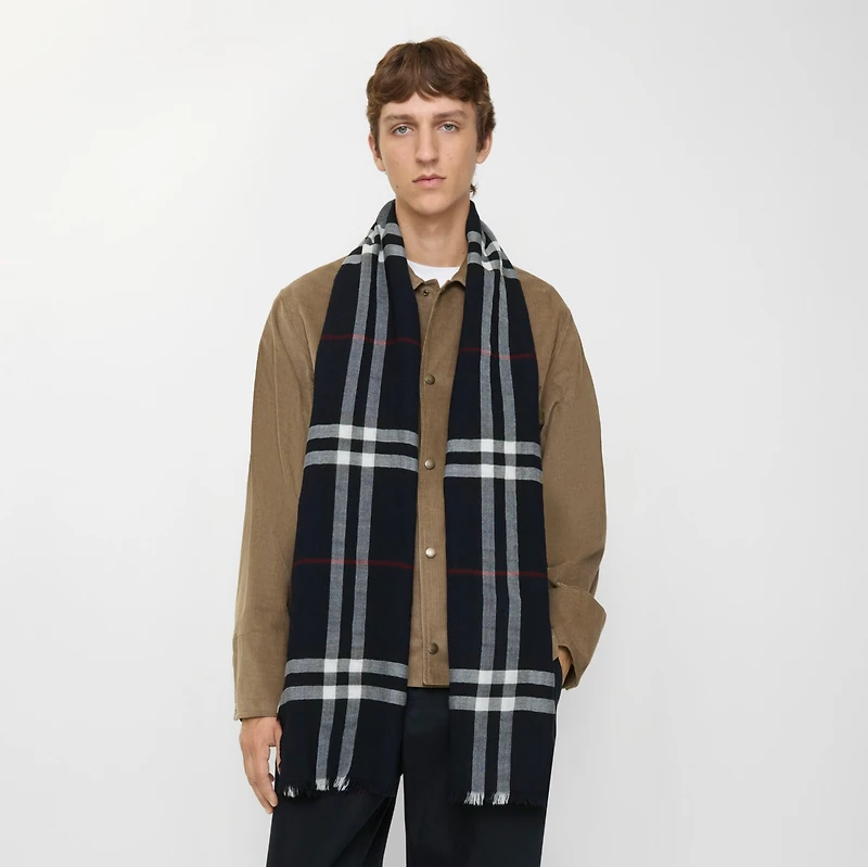 Wide Check Wool Scarf in Ink | Burberry® Official