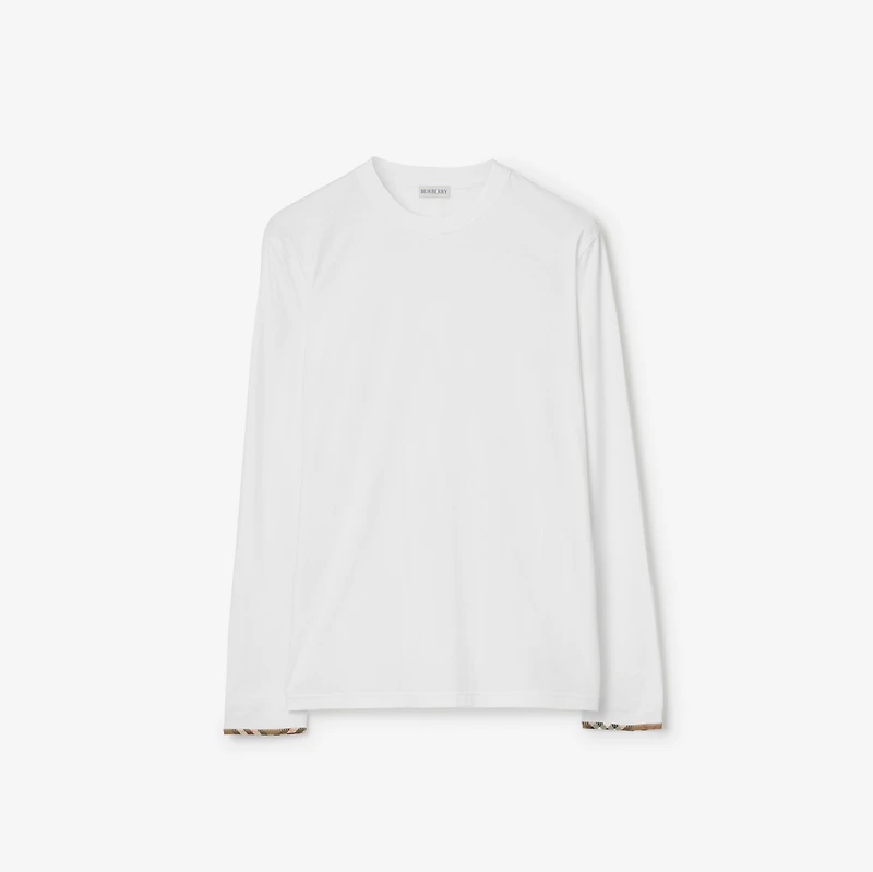 Long-sleeve Check Trim Cotton Top in White - Men | Burberry® Official