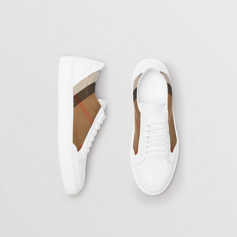 Check Detail Leather Sneakers in HOUSE CHECK/ OPTIC WHITE - Women | Burberry® Official