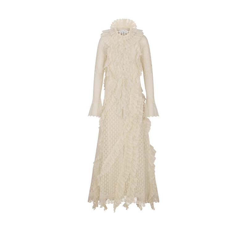 Long Ruffled Dress with Removable Ruched Collar