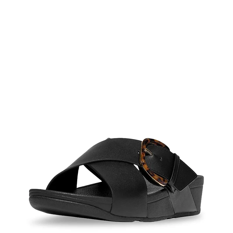 Women's Lulu Resin-Buckle Leather Cross Slides