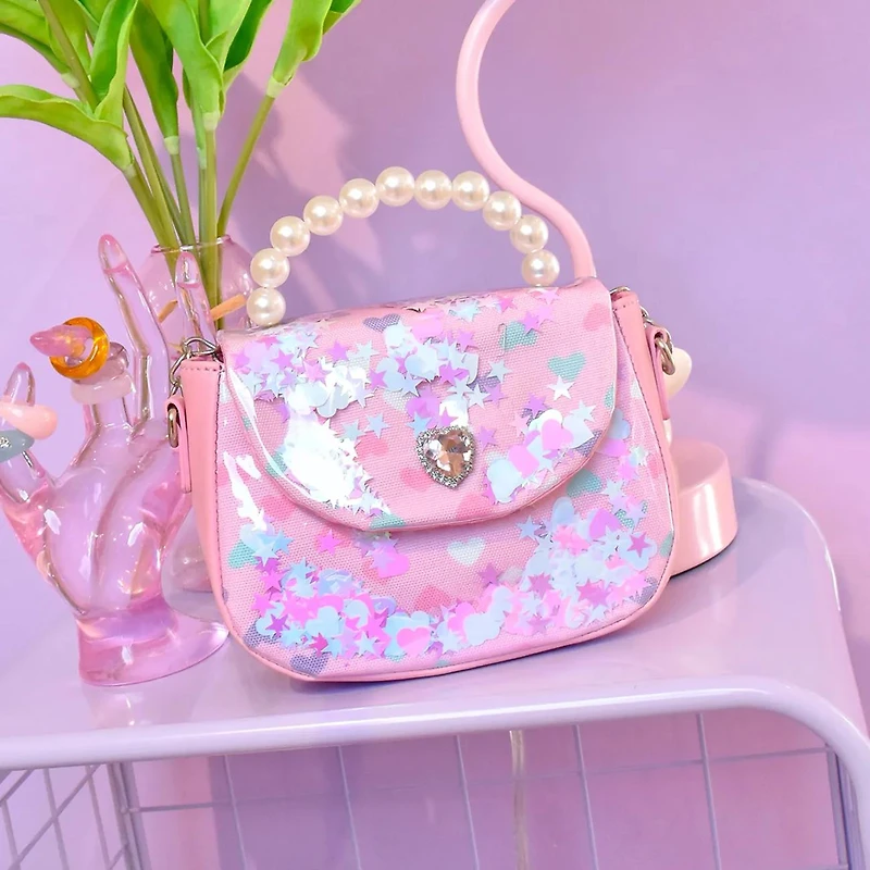 Hearts Clear Pearl Handle Confetti Crossbody