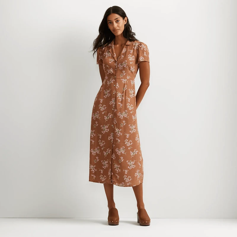 Camp Collar Short-Sleeve Midi Dress