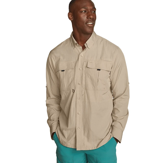 Eddie Bauer Men's Guide UPF 2.0 Long-Sleeve Shirt, Dusted Indigo, Large, Tall