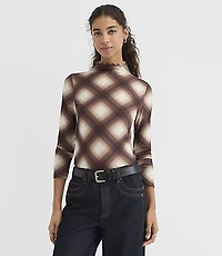Plaid Mesh Ruffle Mock Neck Top