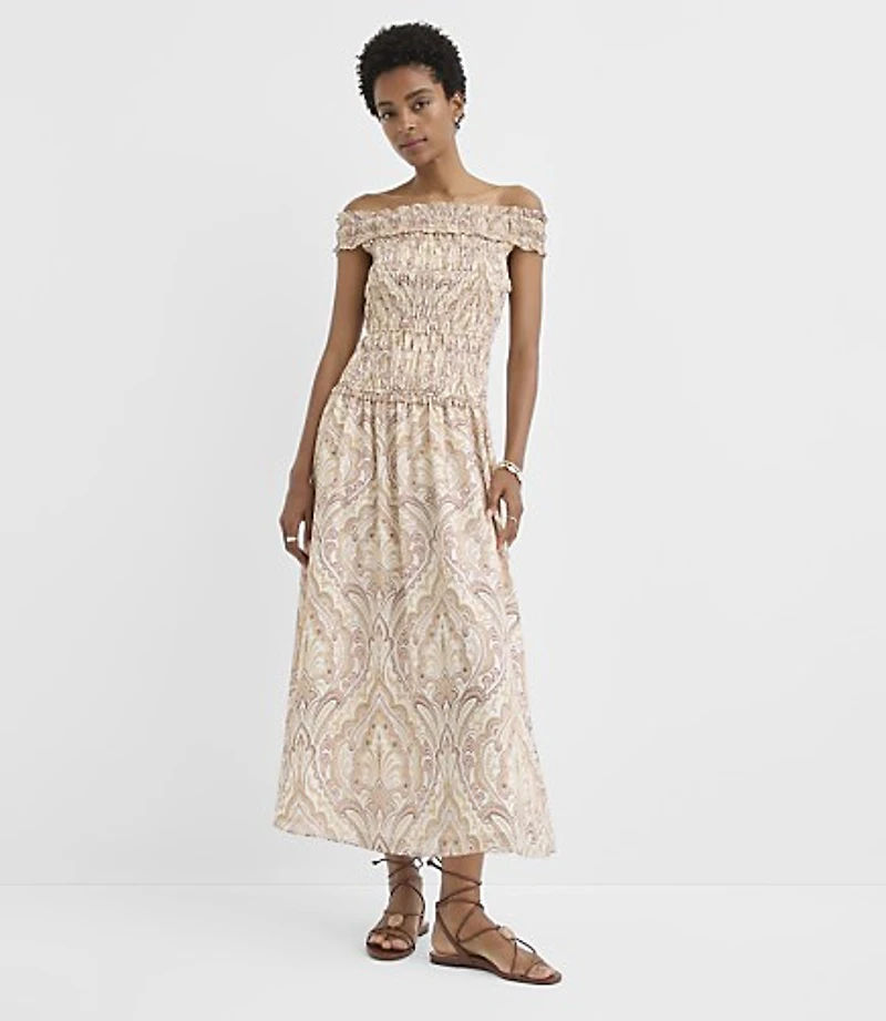Tiled Smocked Off The Shoulder Maxi Dress