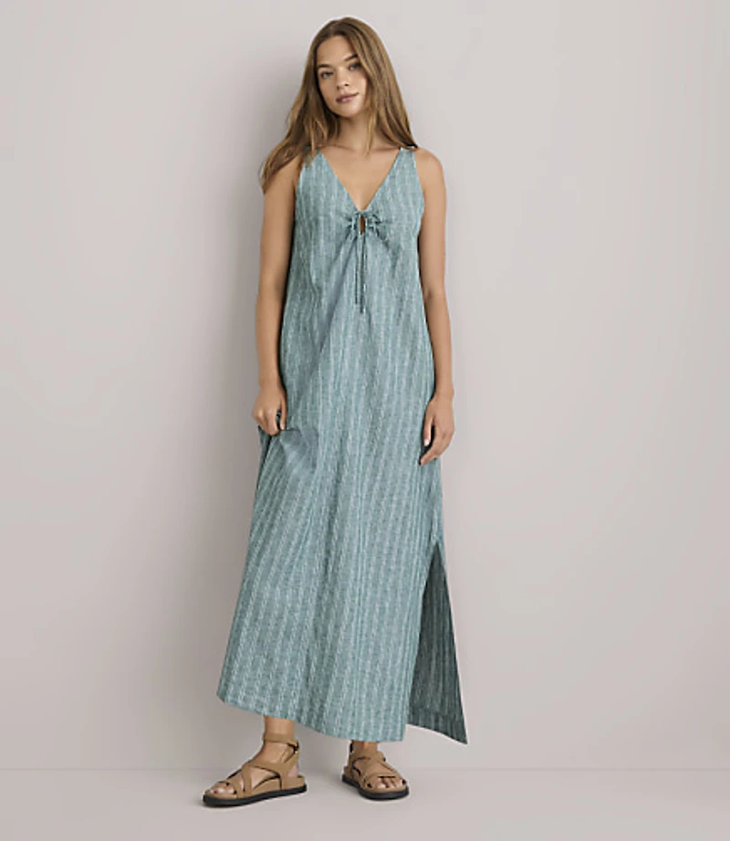 Lou & Grey Striped Linen Cotton Tie Keyhole Midi Pocket Dress