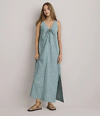 Lou & Grey Striped Linen Cotton Tie Keyhole Midi Pocket Dress