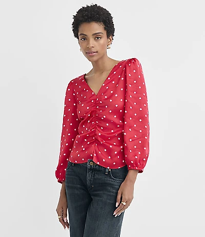Dotted Satin Ruched Blouse