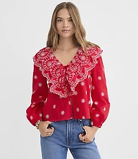 Petite Eyelet Ruffle Bow Blouse