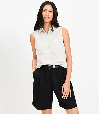 Linen Blend Sleeveless Pocket Shirt