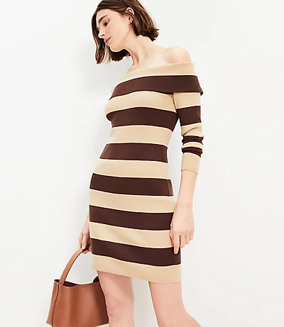 Stripe Ribbed Off The Shoulder Mini Sweater Dress