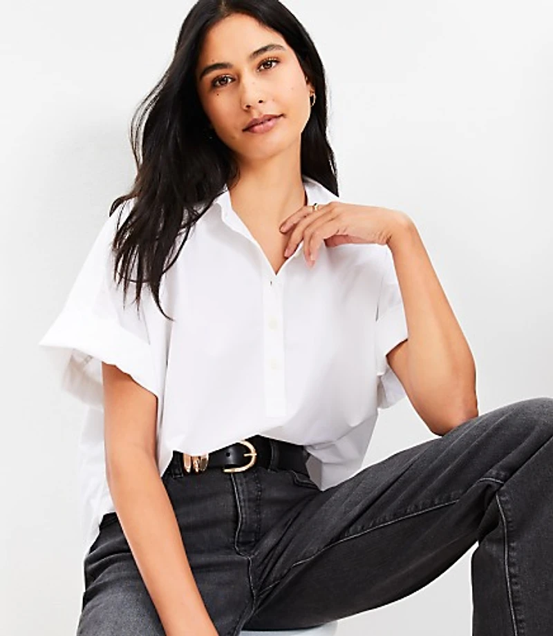 Petite Poplin Henley Dolman Everyday Tunic Shirt