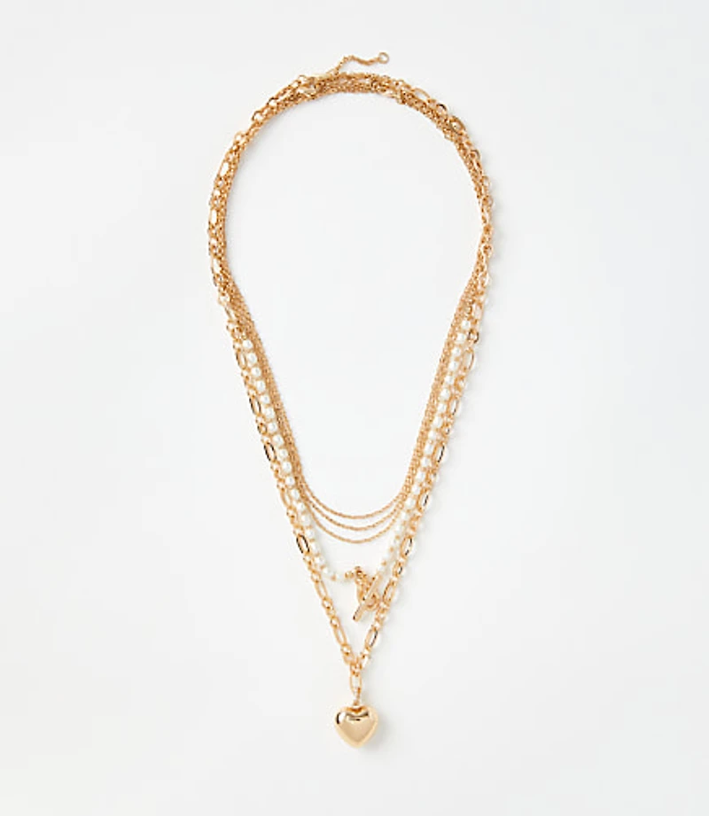 Pearlized Heart Toggle Layered Necklace Set