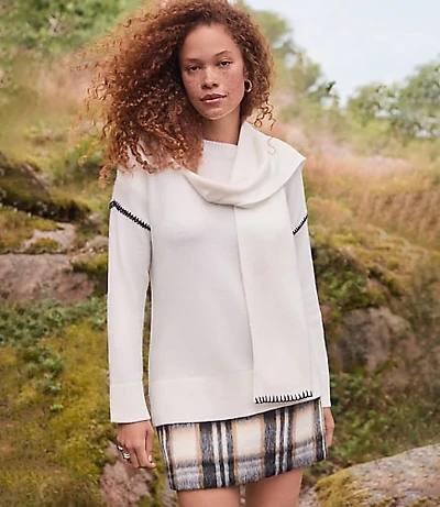 Petite Stitched Trim Removable Scarf Sweater