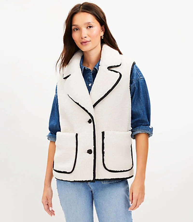 Petite Faux Leather Trim Sherpa Vest