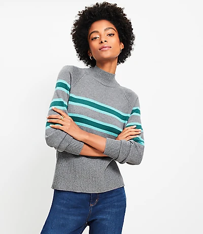 Striped Ribtrim Mock Neck Sweater