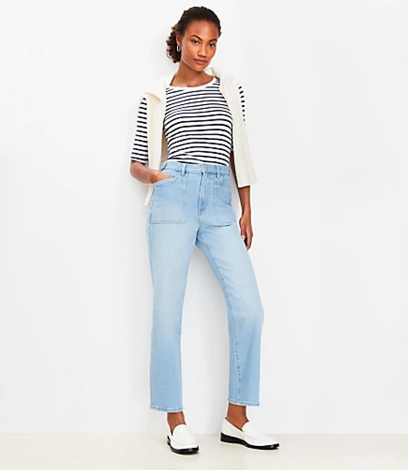 Tab Waist High Rise Straight Jeans Bright Mid Indigo Wash