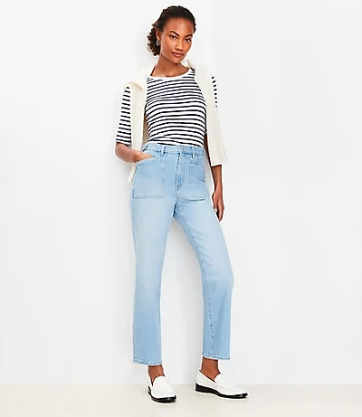 Tab Waist High Rise Straight Jeans Bright Mid Indigo Wash