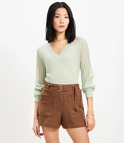 Sheer Ribbed V-Neck Sweater