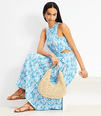 Coral Side Cutout Linen Blend Midi Dress