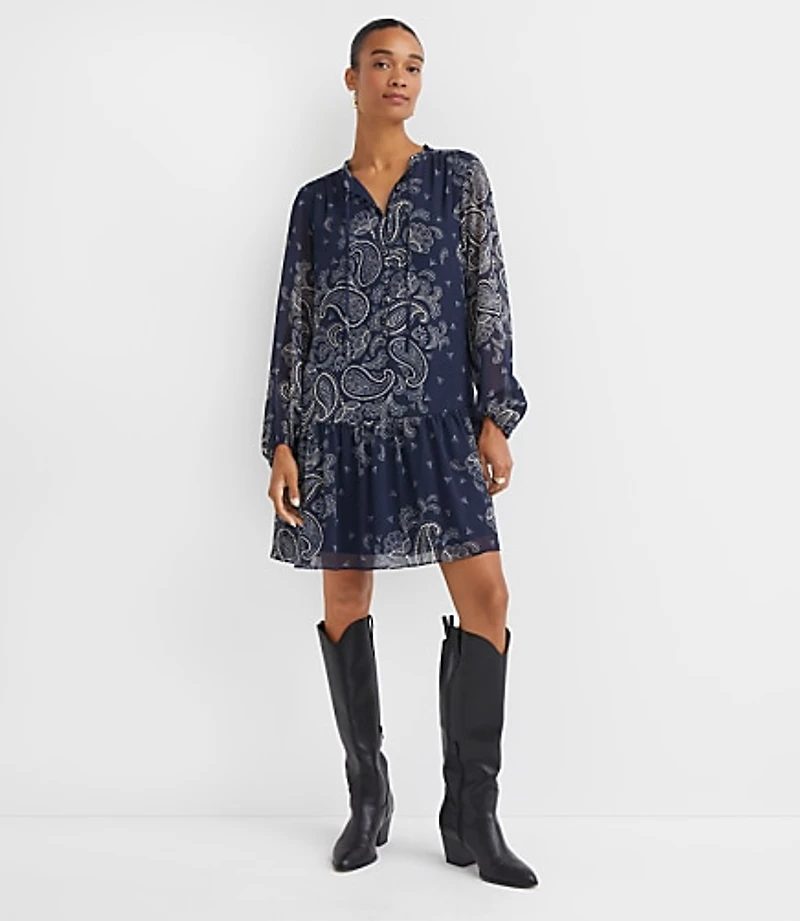 Petite Paisley Button Flounce Mini Dress
