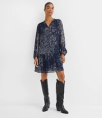 Petite Paisley Button Flounce Mini Dress