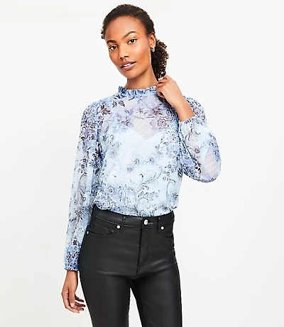 Floral Clip Ruffle Neck Blouse