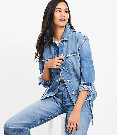 Tie Waist Denim Trucker Jacket in Luxe Medium Wash