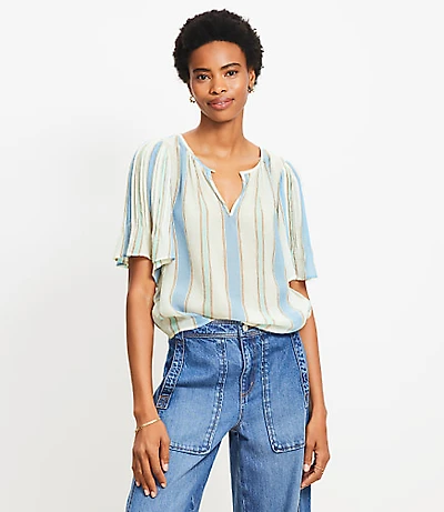 Stripe Pleated Sleeve Blouse