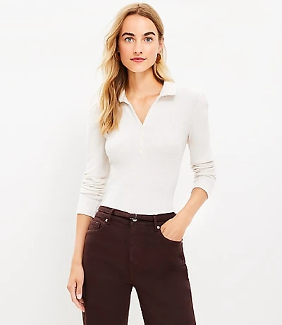 Cozy Ribbed Puff Sleeve Polo Top