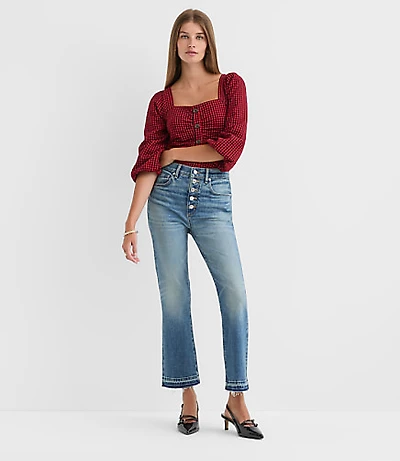 Petite Button Front High Rise Kick Crop Jeans Mid Vintage Wash