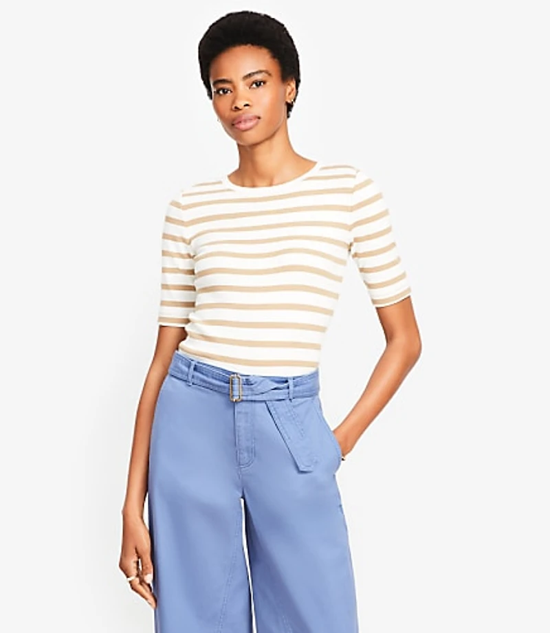 Petite Stripe Perfect Ribbed Elbow Sleeve Tee