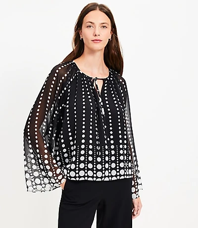 Dotted Flare Sleeve Tie Neck Blouse