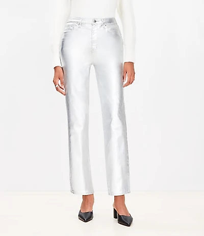 Curvy Coated High Rise Straight Jeans in Silver Metallic