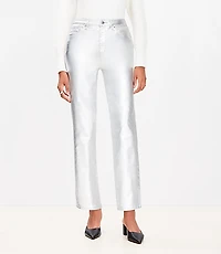 Curvy Coated High Rise Straight Jeans in Silver Metallic