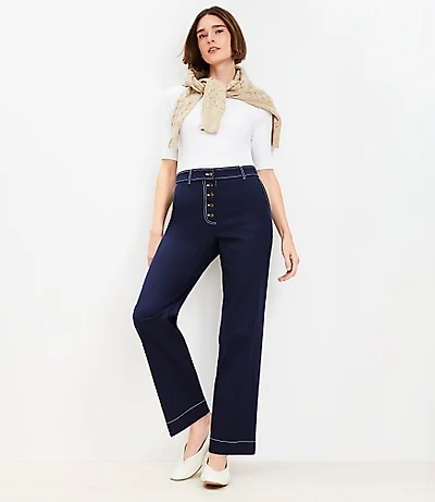 Button Front Straight Pants Twill