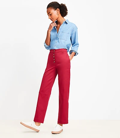 Button Front Straight Pants Twill
