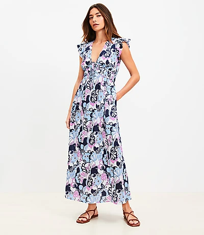 LOFT Beach Floral Ruffle Sleeve Maxi Pocket Dress