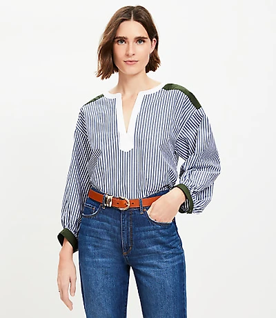 Petite Colorblock Striped Poplin Split Neck Blouse