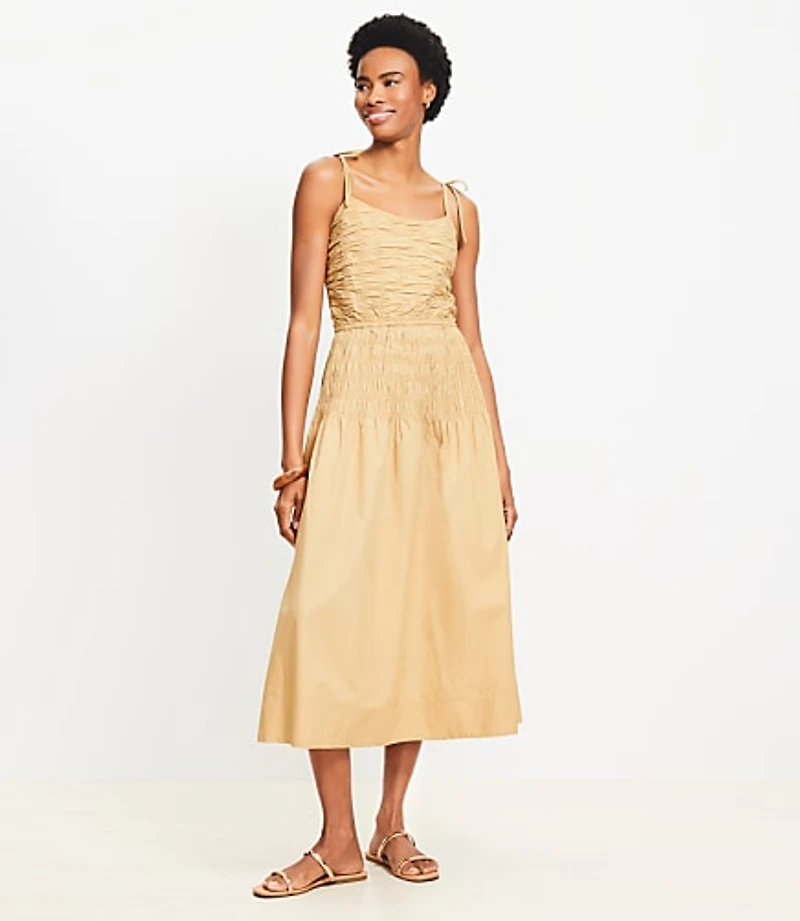 Tie Strap Smocked Poplin Midi Dress