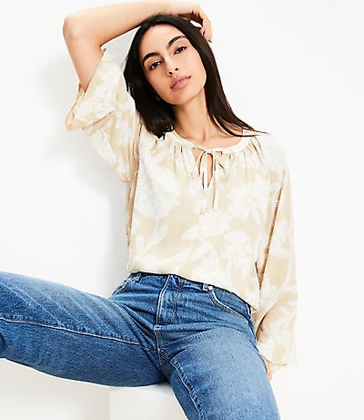 Petite Floral Tie Neck Flare Sleeve Blouse