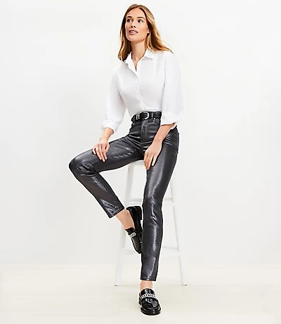 Coated High Rise Skinny Jeans Pewter Metallic