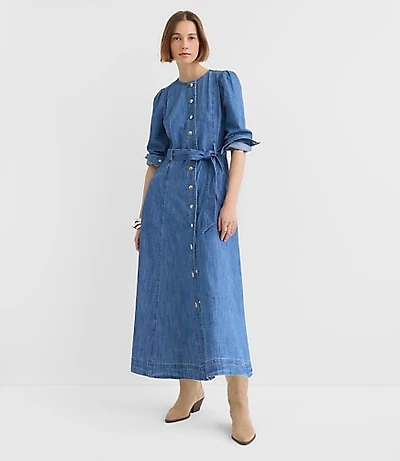 Petite Chambray Balloon Sleeve Midi Pocket Dress